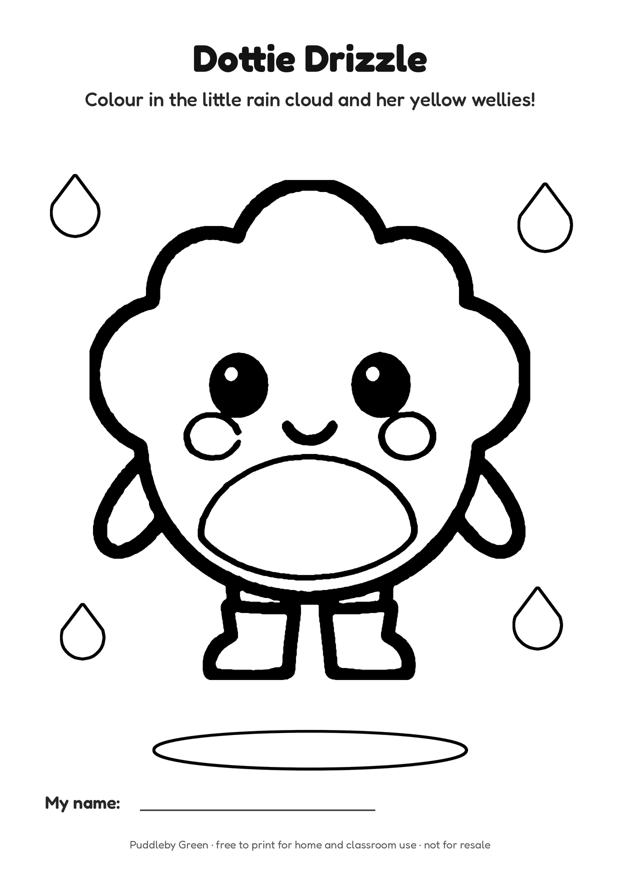 Colouring page: Dottie Drizzle with raindrops and a puddle