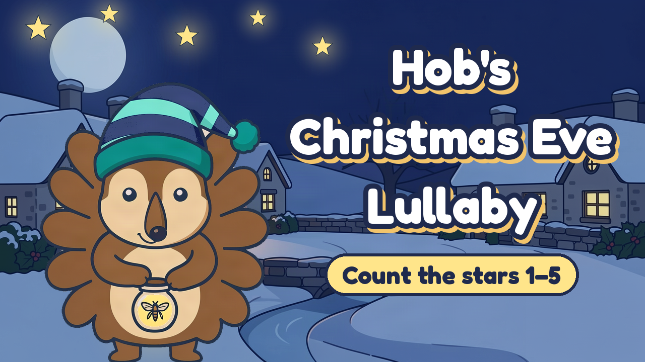 Hob the Night-time Hedgehog in a striped nightcap holding a glowing firefly lantern under a moonlit sky, with the words Hob's Christmas Eve Lullaby, Count the stars 1–5