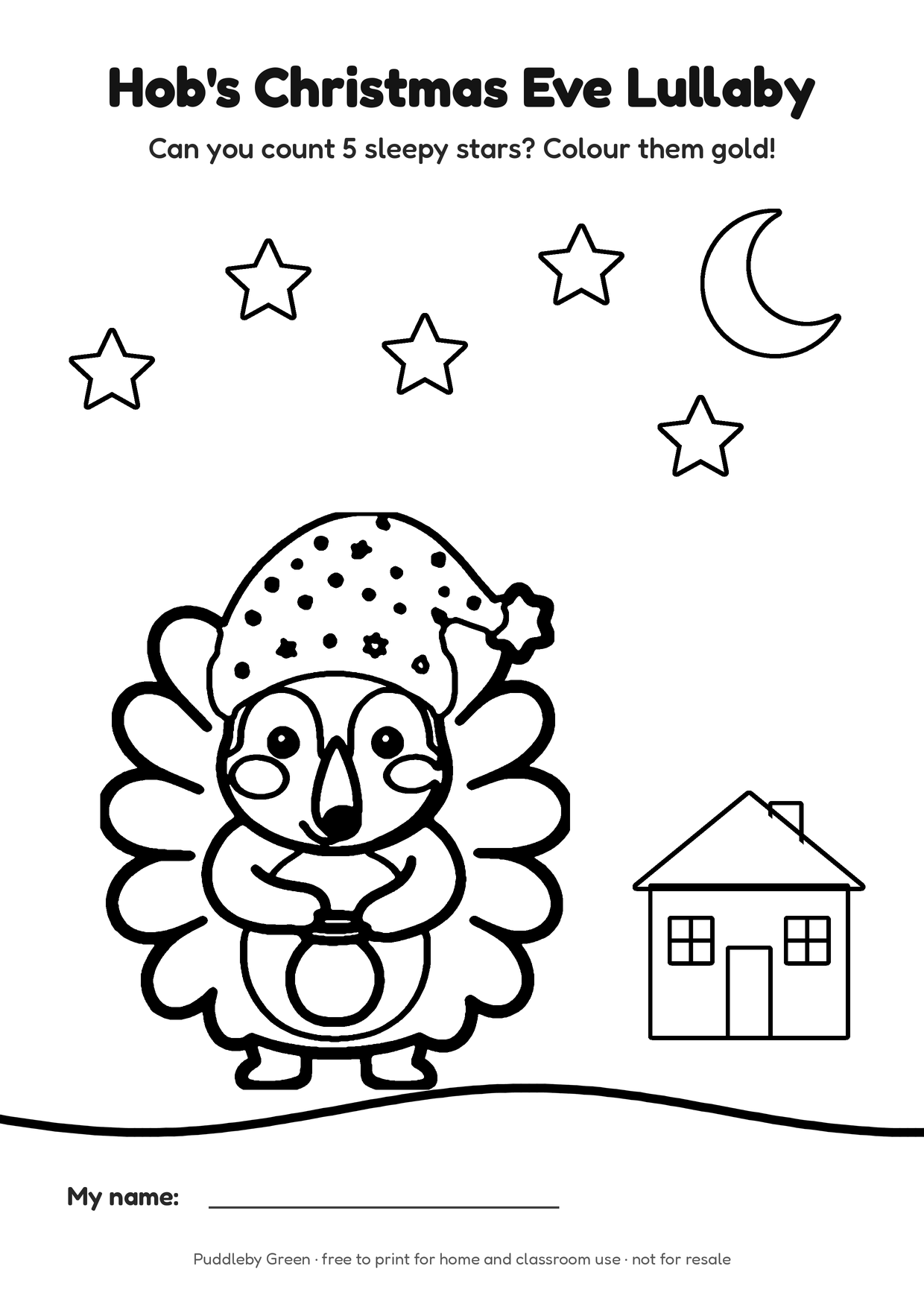 Colouring page: Hob in a starry nightcap, a crescent moon and five stars to count