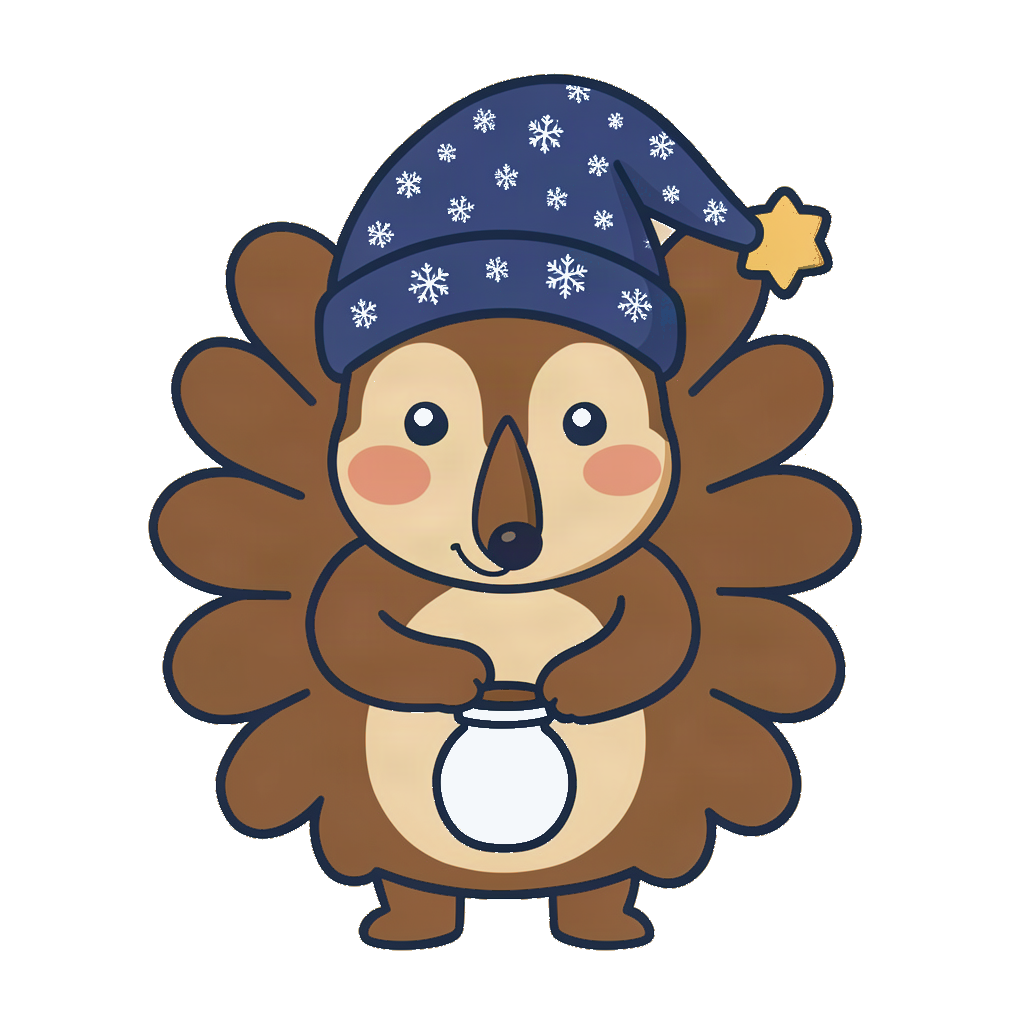 Hob the hedgehog in a starry Christmas nightcap