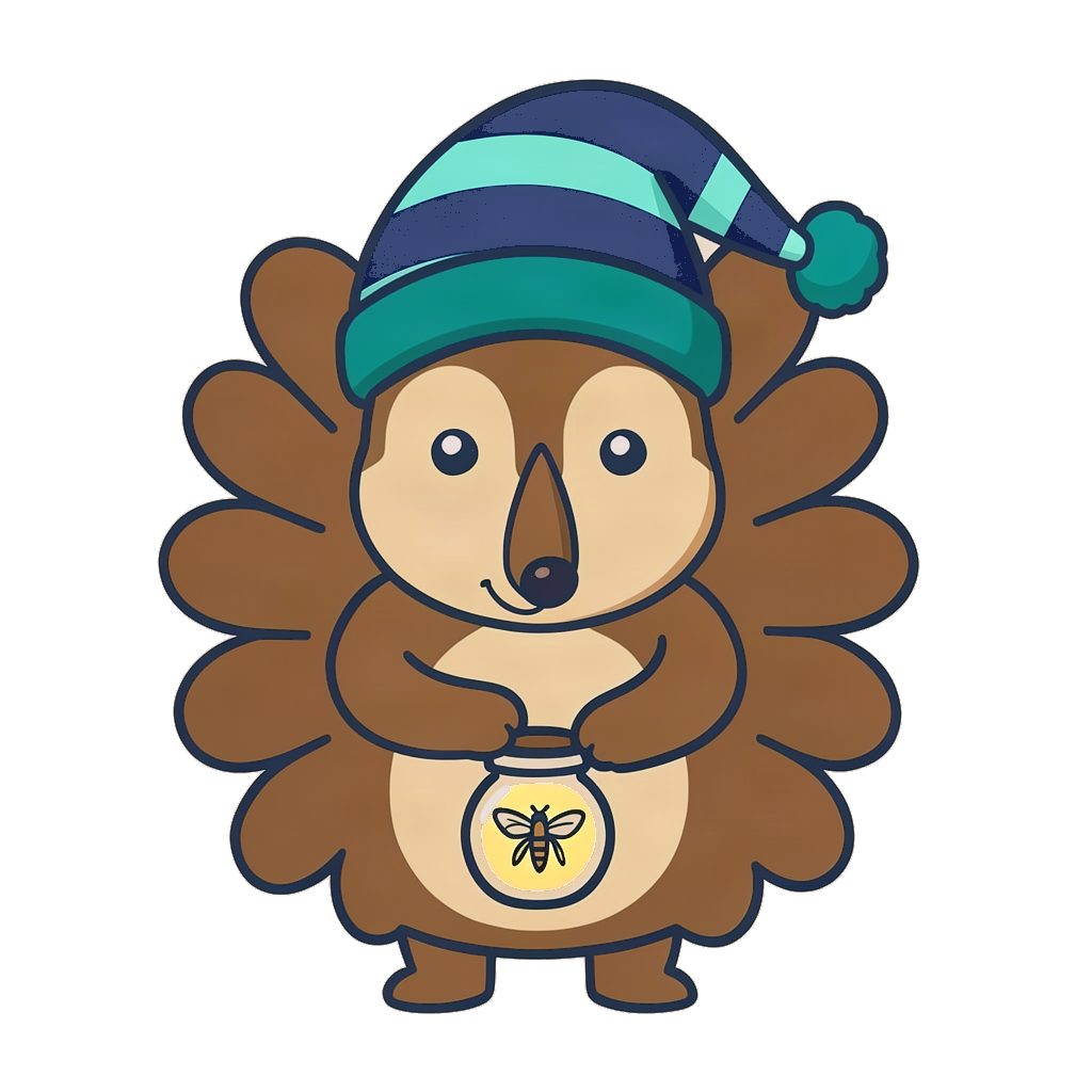 Hob the hedgehog in a teal striped nightcap, holding a glowing firefly lantern