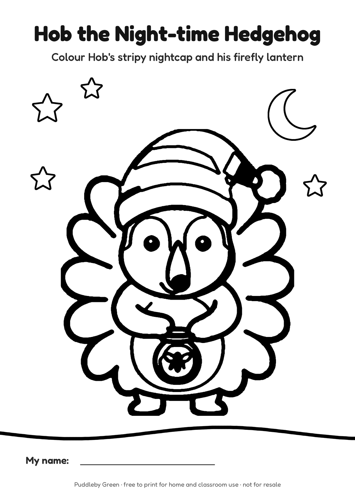 Colouring page: Hob with his lantern, stars and the moon