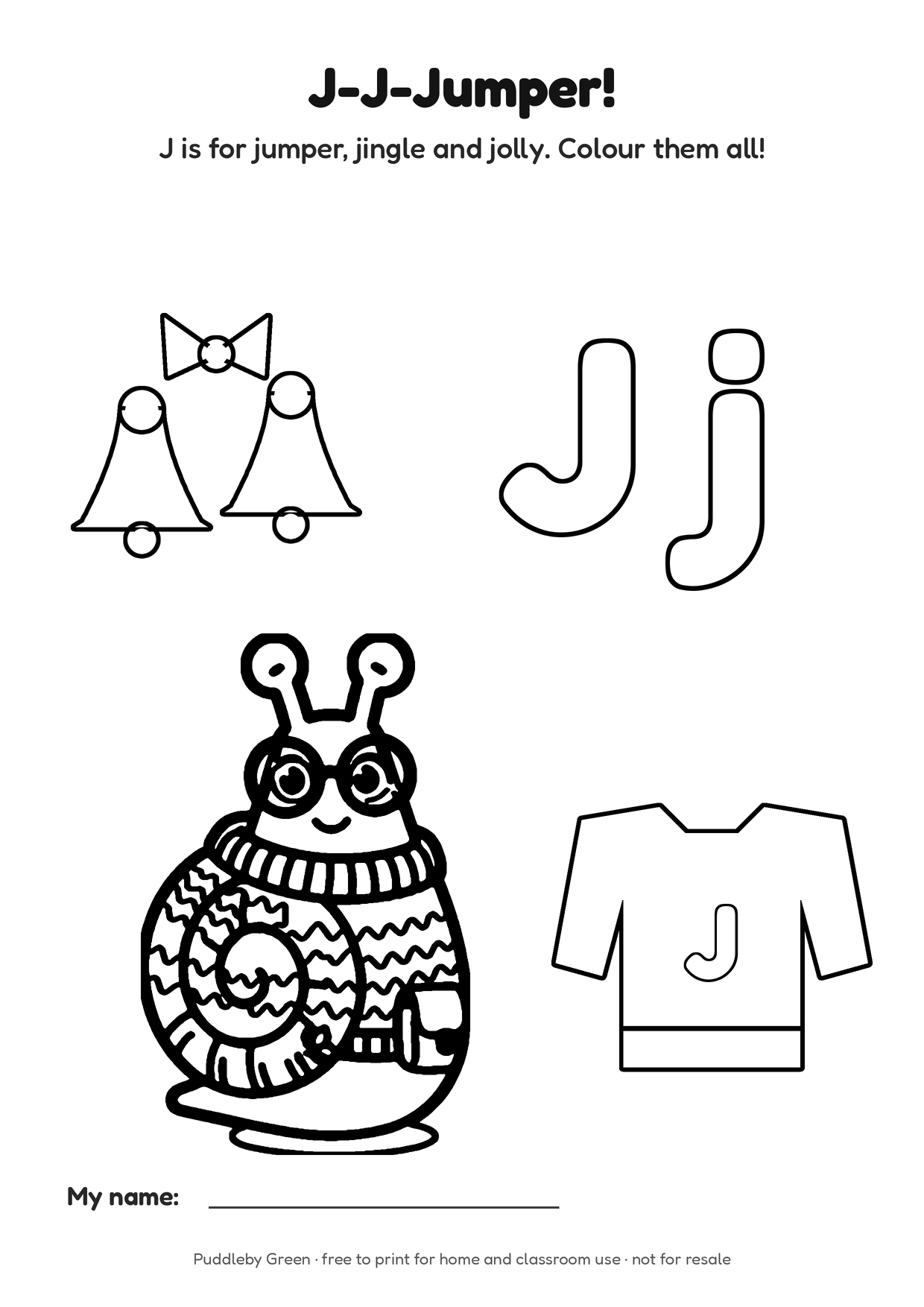 Colouring page: Penny in a Christmas jumper, big letters J and j, jingle bells and a jumper