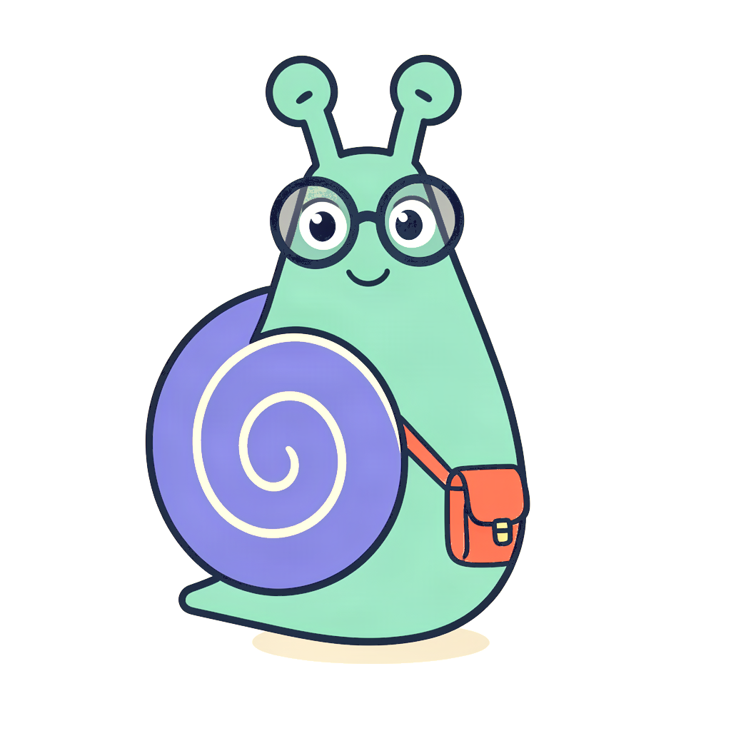Penny Periwinkle, a mint-green snail with a purple spiral shell, round glasses and a coral satchel