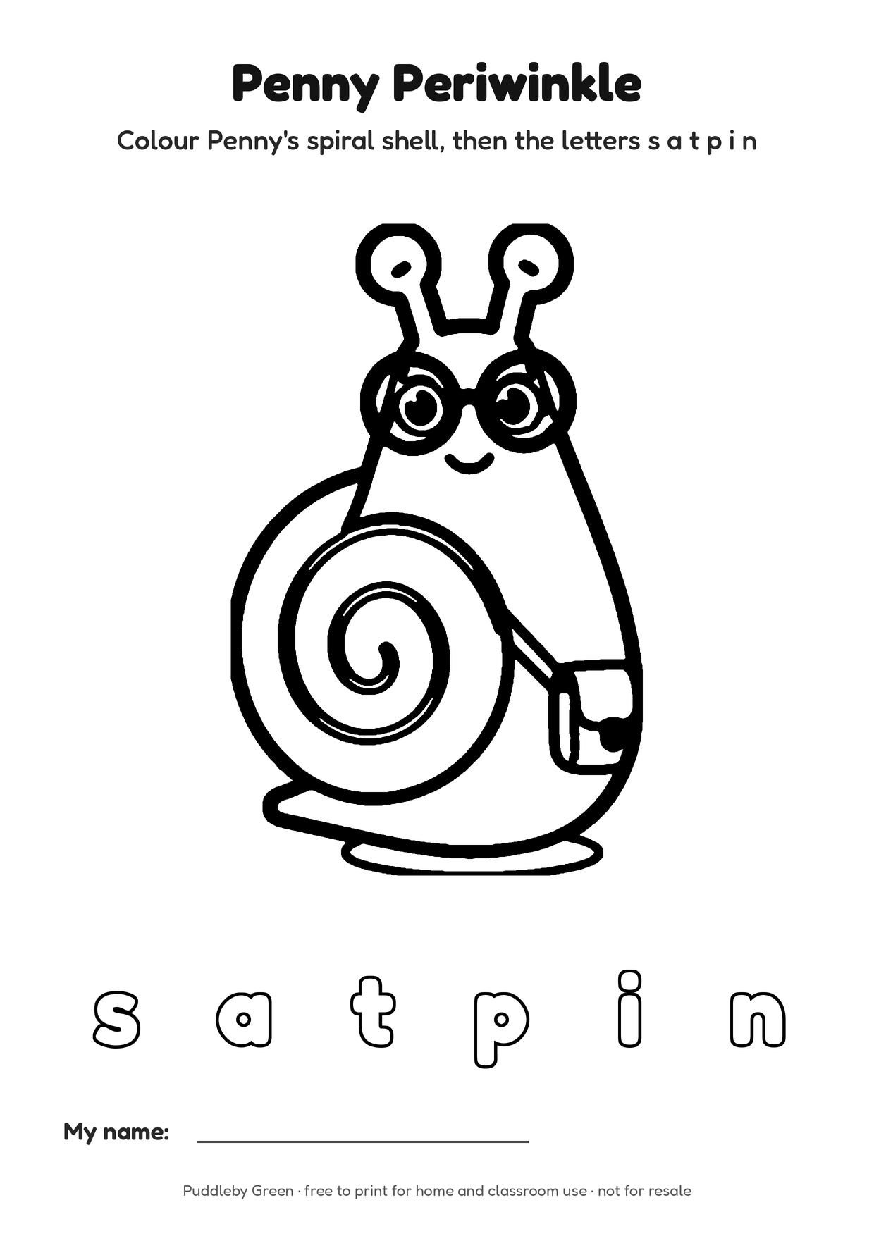 Colouring page: Penny Periwinkle with the letters s a t p i n